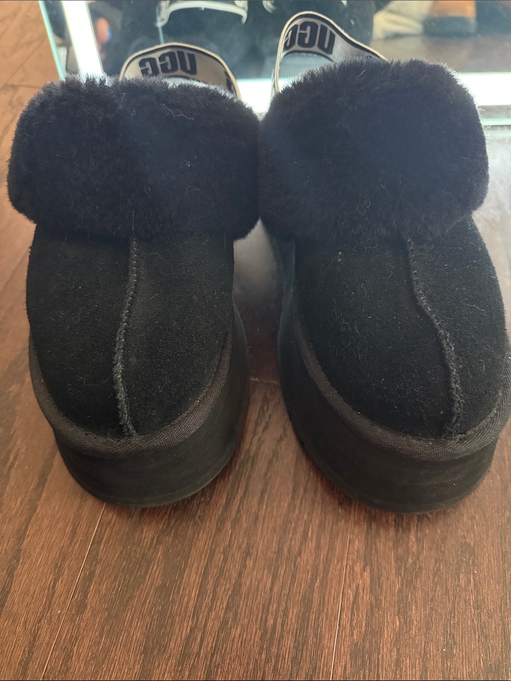 UGG Black Suede Shearling Clog Slippers
